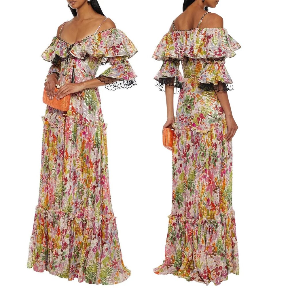 NWT Dundas Silk-Blend Fil Coupé Maxi Dress Metallic Floral Cold Shoulder, IT 44
